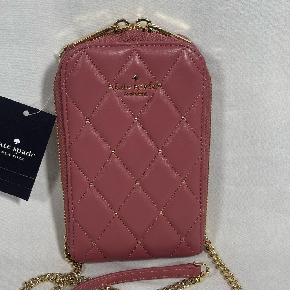 Kate Spade Carey Quilted Studded Phone Chain Crossbody Pomegranate NEW